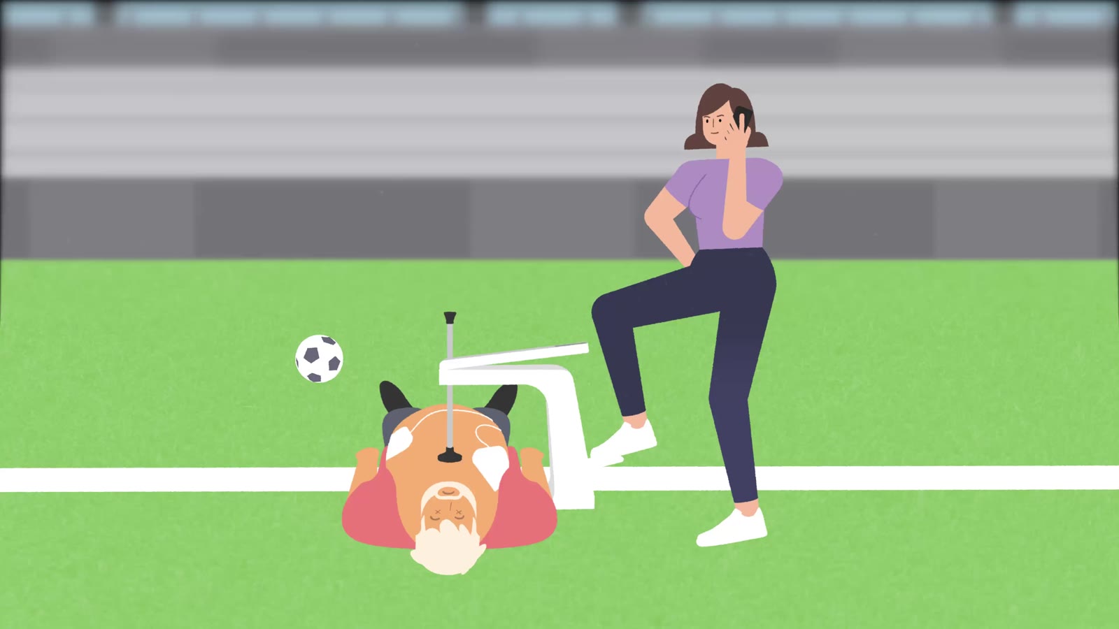 Startbeeld van de animatie: op een sportveld ligt een man op zijn rug met de ERA over zijn borst. Een vrouw bedient het apparaat met haar voet terwijl ze belt.
